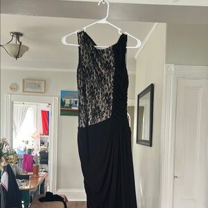 Maggy London Black and Cream Asymmetrical Ruched Sheath Dress